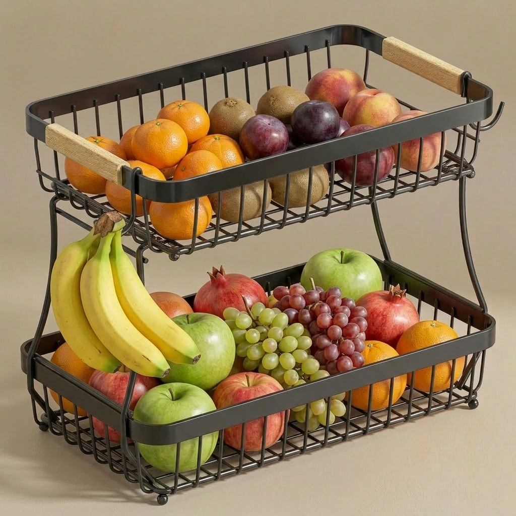 2-Tier Detachable Fruit Basket with Banana Hangers